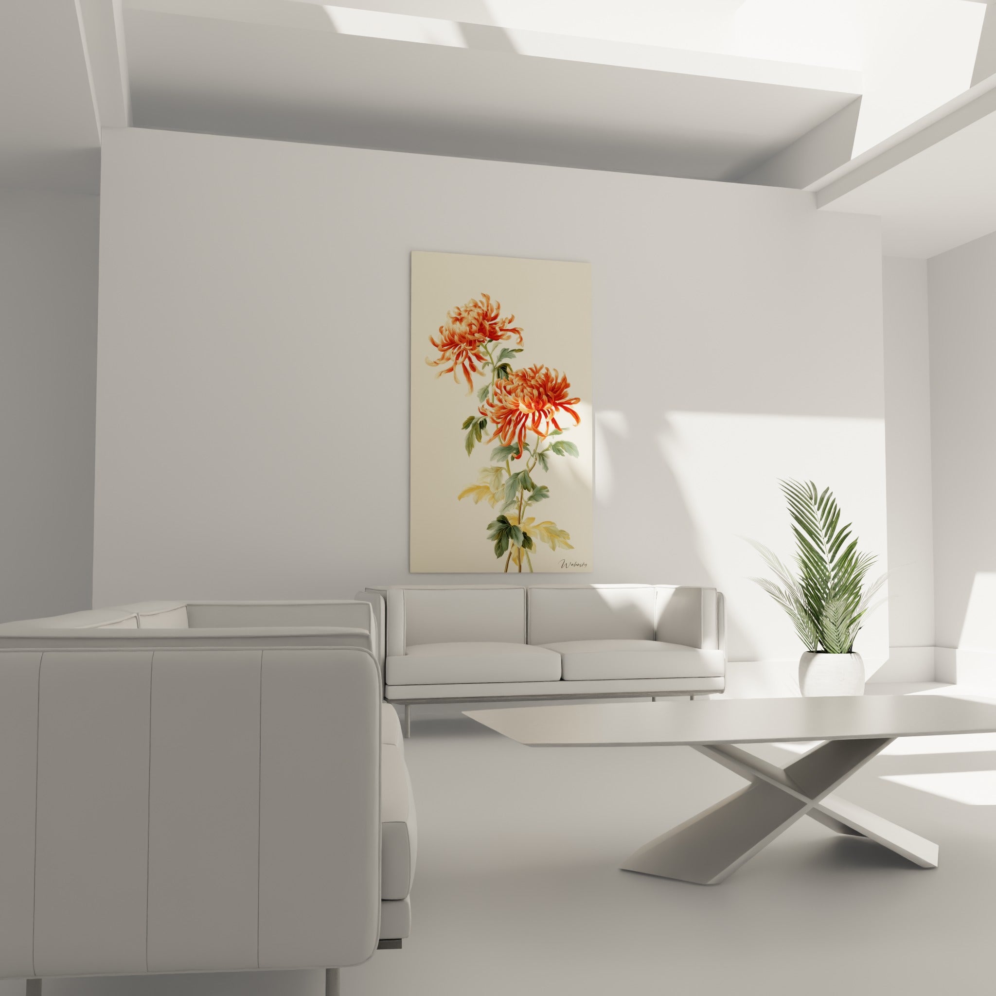 Fleurs de chrysanthème orange et crème aux tiges feuillues, au-dessus d'un canapé dans un salon lumineux