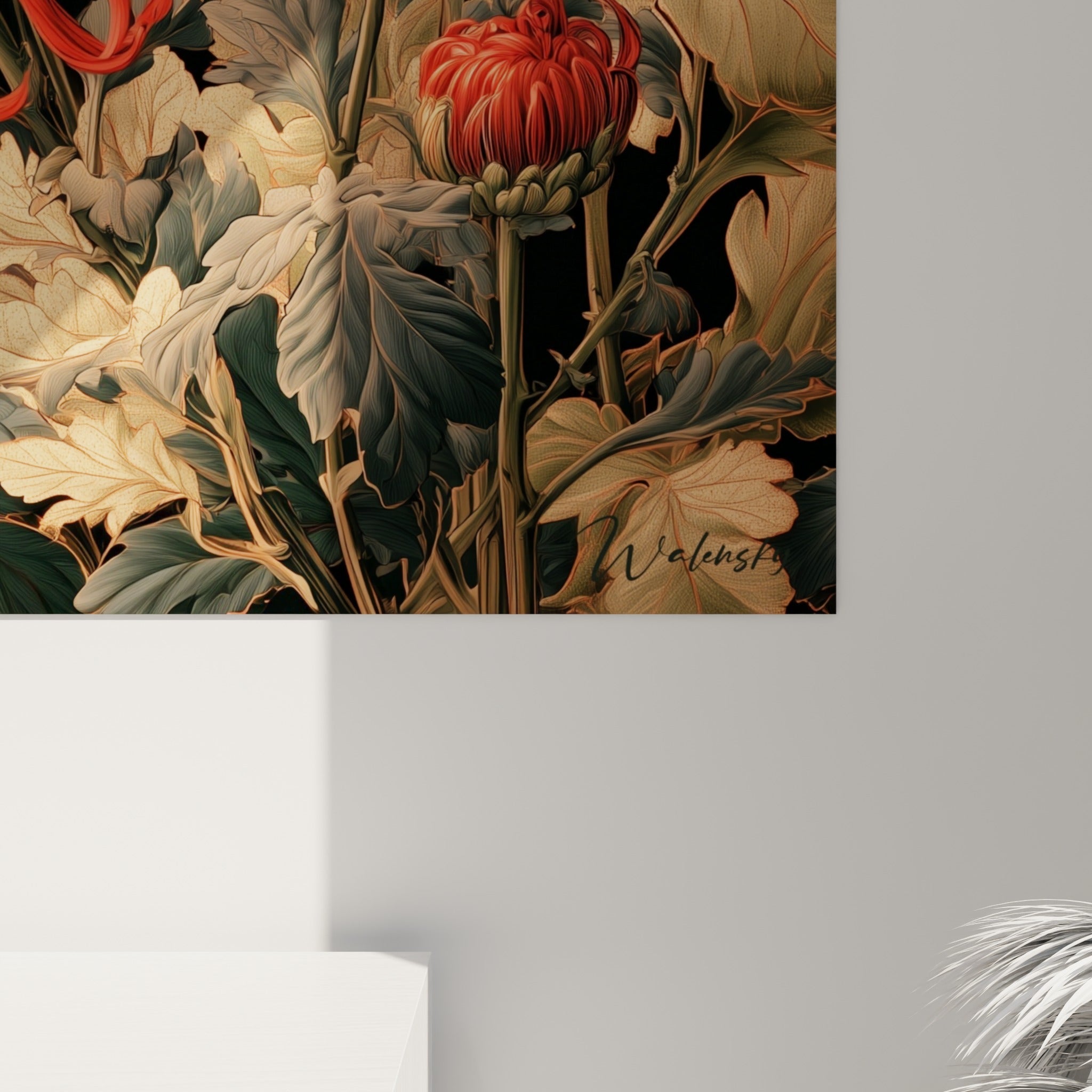 Pétales rouge vermillon et beige doré du chrysanthème révélant la finesse du trait pictural