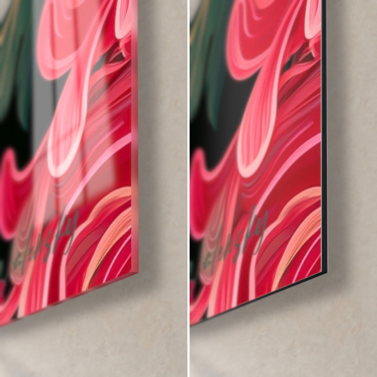 Tableau chrysanthème rouge corail, coin bas droit : verre acrylique brillant et reflets à gauche, alu Dibond noir mat et tranche de 3 mm à droite