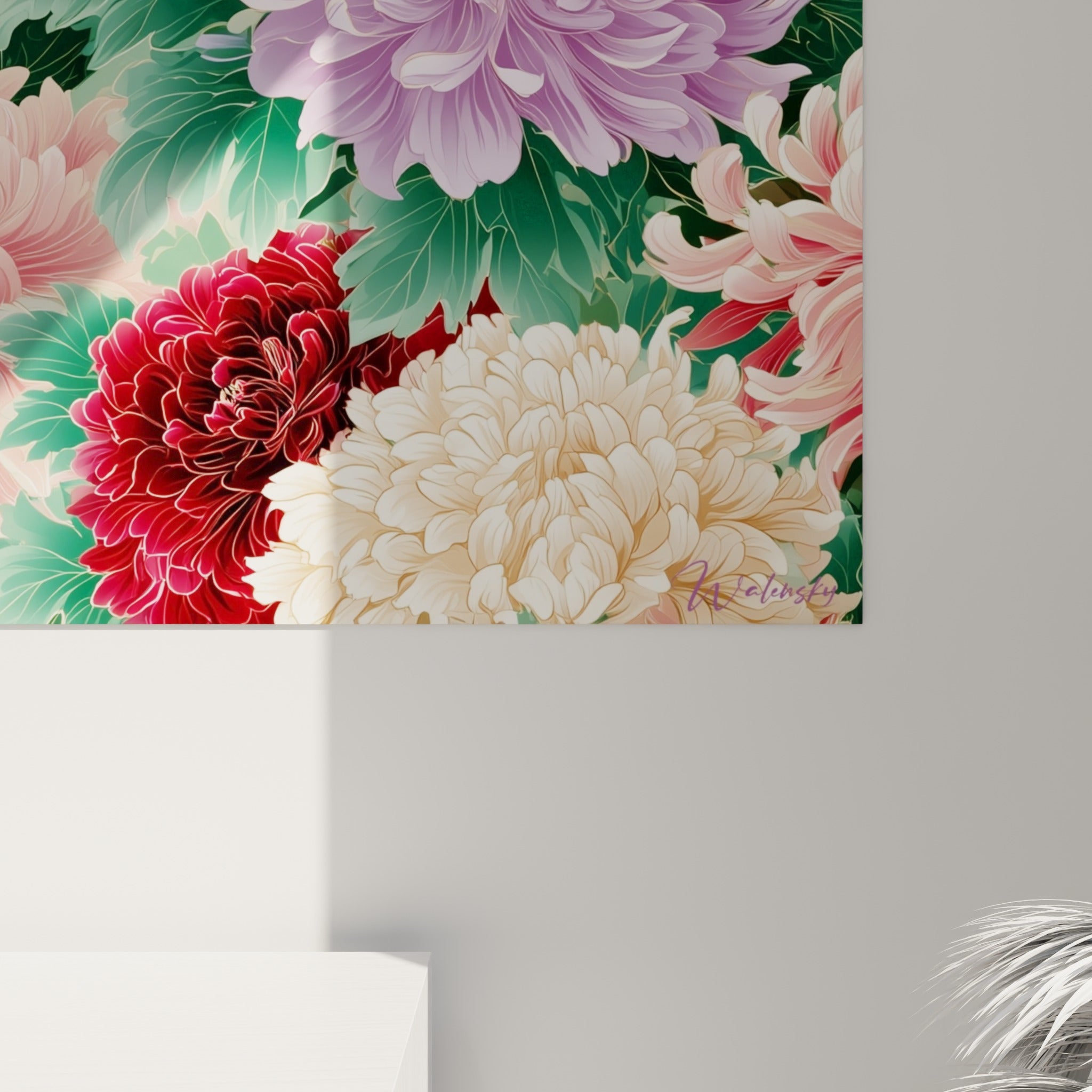 Détail des pétales de chrysanthème mauve pâle révélant les stries fines et le grain de la peinture