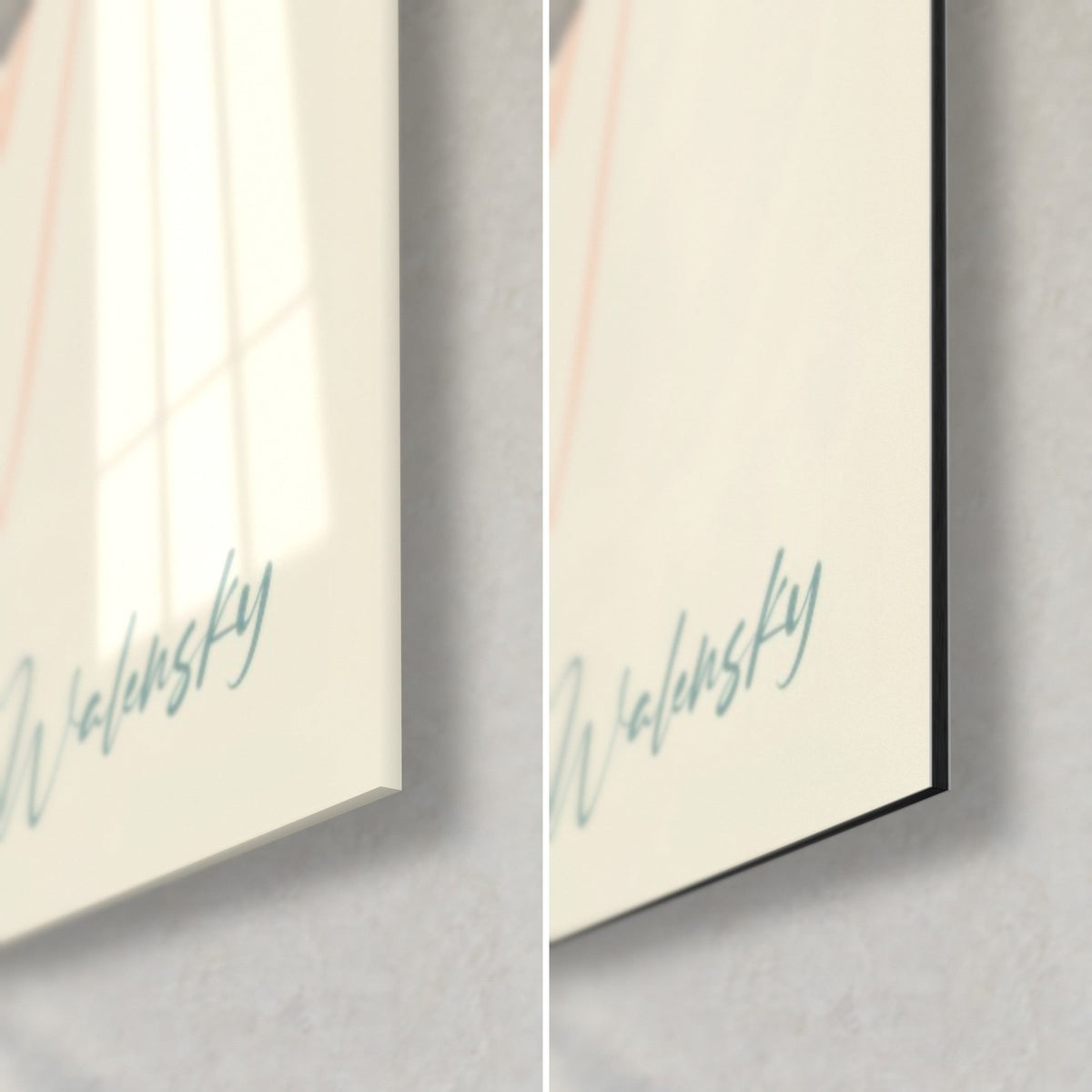 Wall art cream chrysanthemums, green Walensky signature on beige background, bottom-right corner in glossy glass and 3 mm matte black Dibond