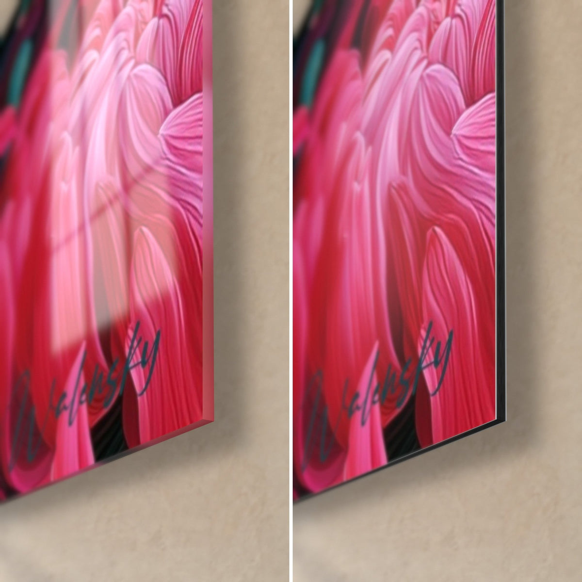 Gemälde mit roter Chrysantheme, untere rechte Ecke: glänzendes Acrylglas mit Reflexen in leuchtendem Rosa und mattes Dibond, 3 mm Kante