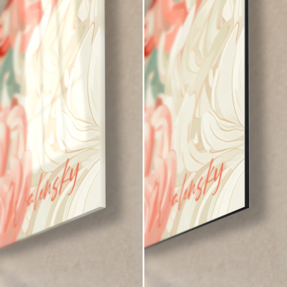 Tableau fleurs d'automne rose pâle et corail, coin bas droit : verre brillant à gauche, alu Dibond mat à droite, tranche de 3 mm