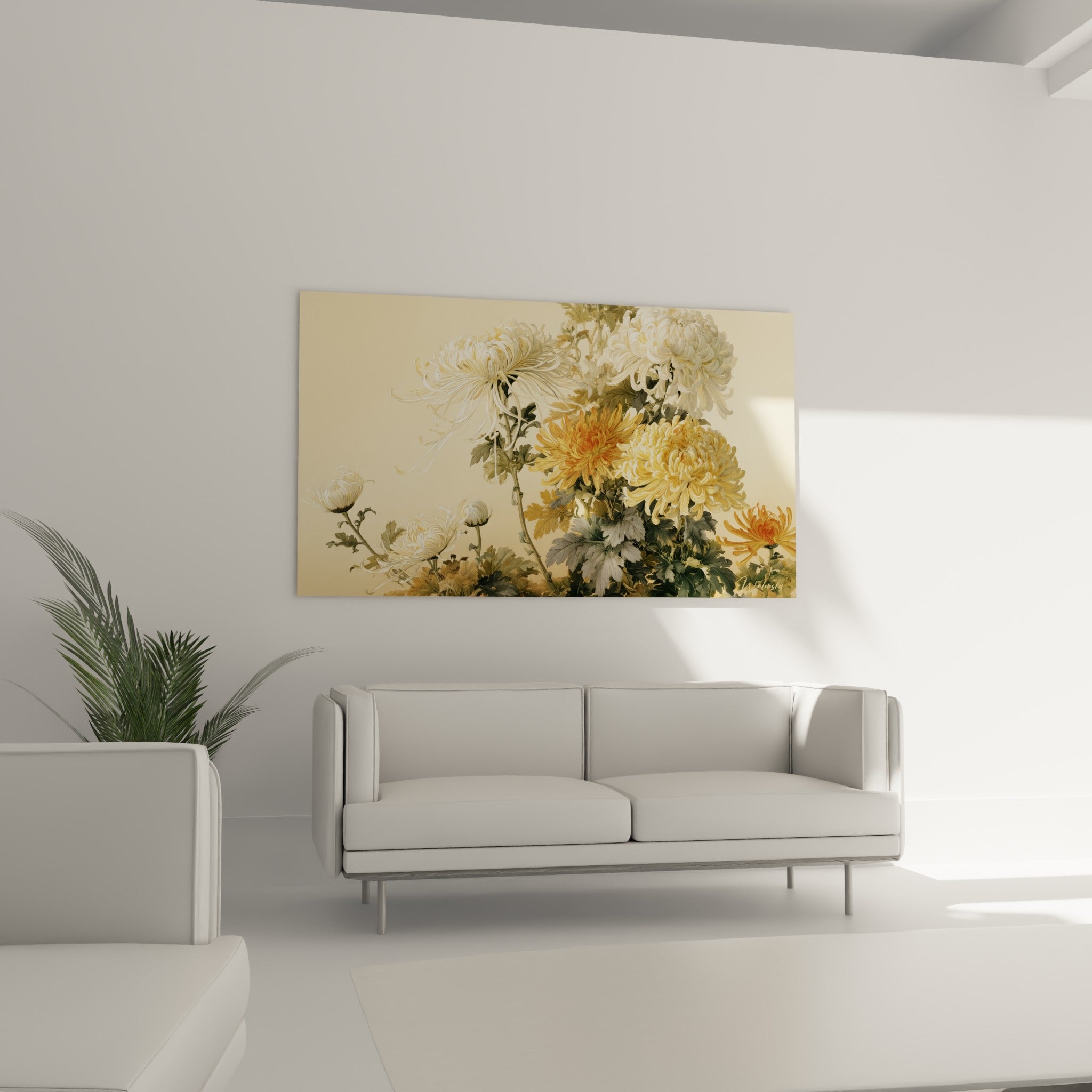 Fleurs de chrysanthème dorées et blanches au-dessus d'un canapé dans un salon lumineux