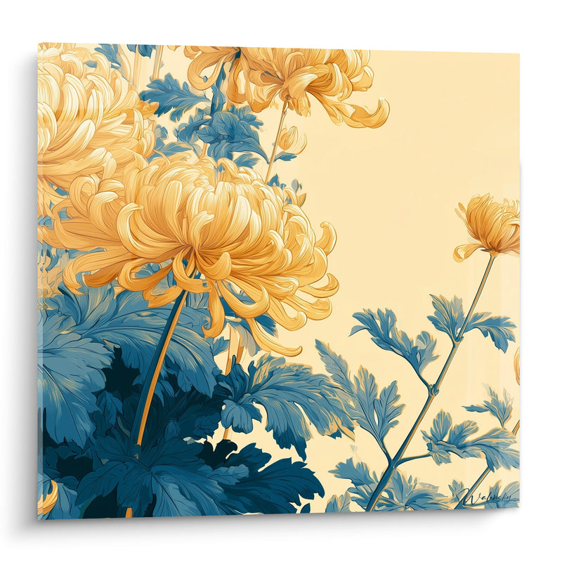 Tableau Chrysanthèmes dorés aux feuilles bleu pétrole - Éveil du jardin - Edition Chrysanthème
