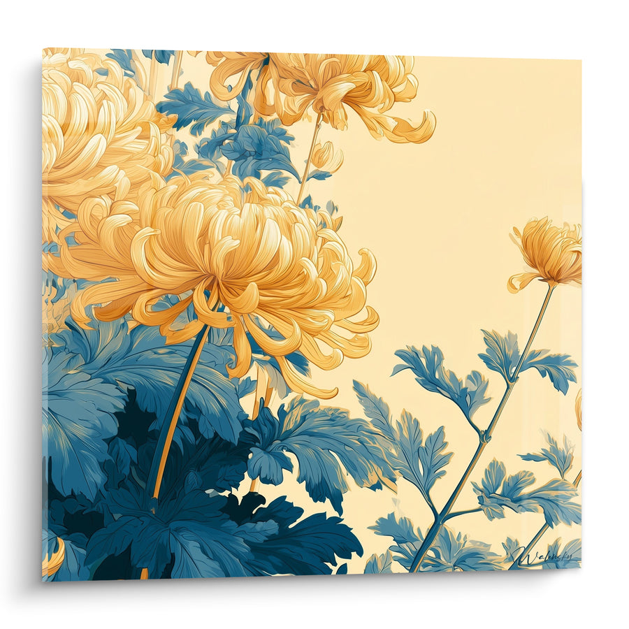 Goldene Chrysanthemen mit Petrolblätter - Erwachen des Gartens - Chrysantheme Edition