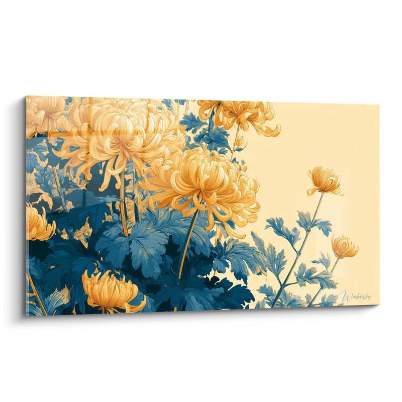 Tableau Chrysanthèmes dorés et bleu pétrole en massif - Tige isolée à droite - Edition Chrysanthème
