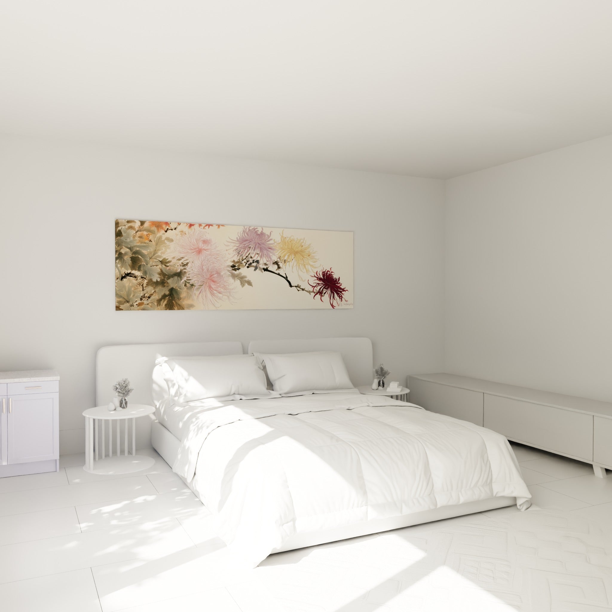 Branche de chrysanthèmes rose et bordeaux déployée au-dessus d'un lit dans une chambre claire