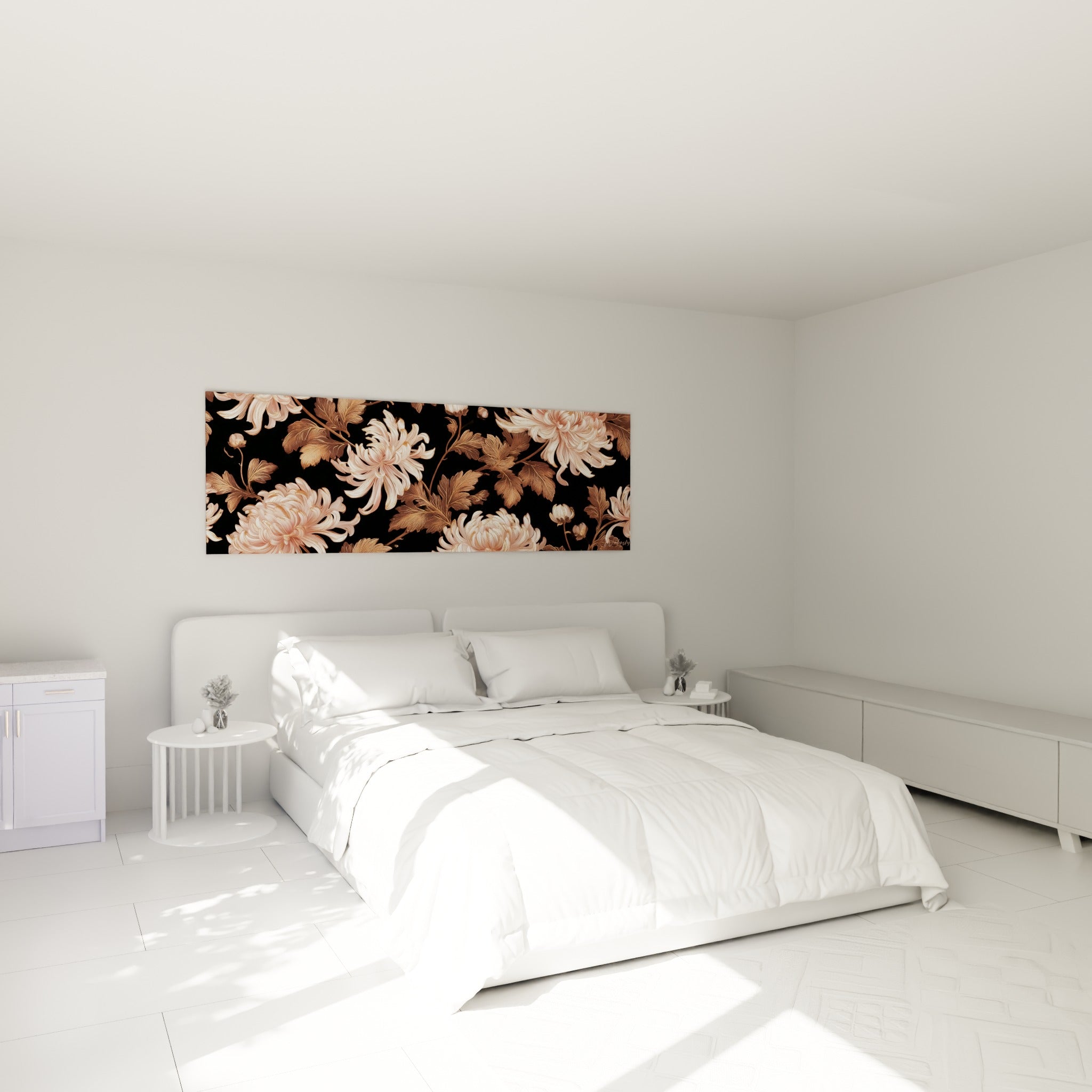 Chrysanthèmes rose poudré et bruns cuivrés au-dessus d'un lit dans une chambre claire