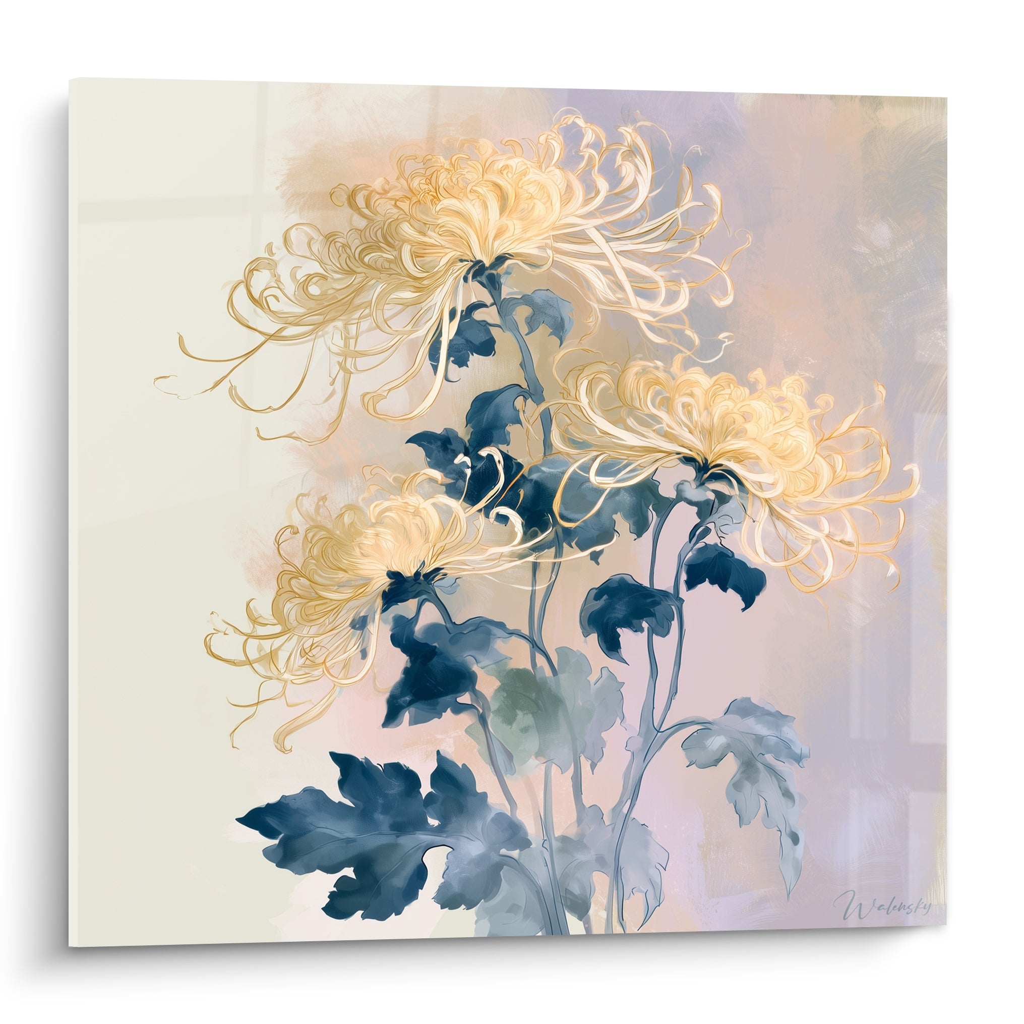 Chrysanthème doré aux pétales effilés et feuillage bleu marine sur fond pastel lilas