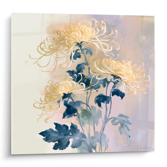 Chrysanthème doré aux pétales effilés et feuillage bleu marine sur fond pastel lilas