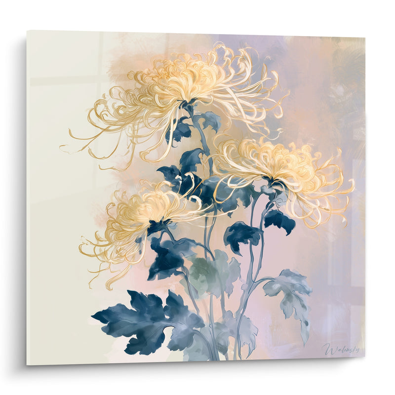 Tableau Chrysanthèmes jaune pâle et bleu marine pétales filandreux - Trio de tiges élancées - Edition Chrysanthème