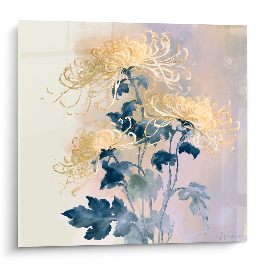 Leinwand Chrysanthemen in blassem Gelb und Marineblau - Trio schlanker Stiele - Chrysantheme Edition