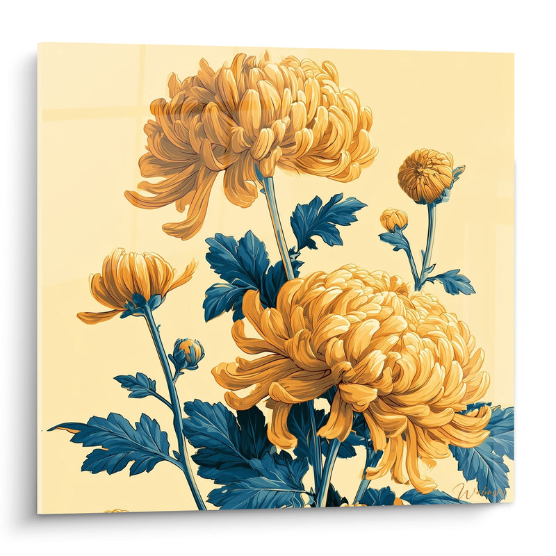 Tableau Chrysanthèmes dorés aux feuilles bleu marine - Éclosion automnale - Edition Chrysanthème
