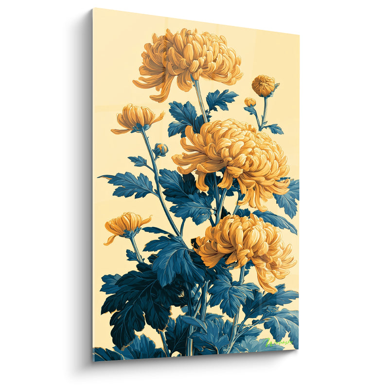 Tableau Chrysanthèmes ambrés aux feuilles bleu pétrole denses - Grappe de boutons - Edition Chrysanthème
