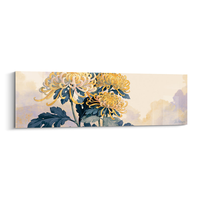 Tableau Chrysanthèmes jaunes et bleu ardoise trio serré - Nuage lavande estompé - Edition Chrysanthème