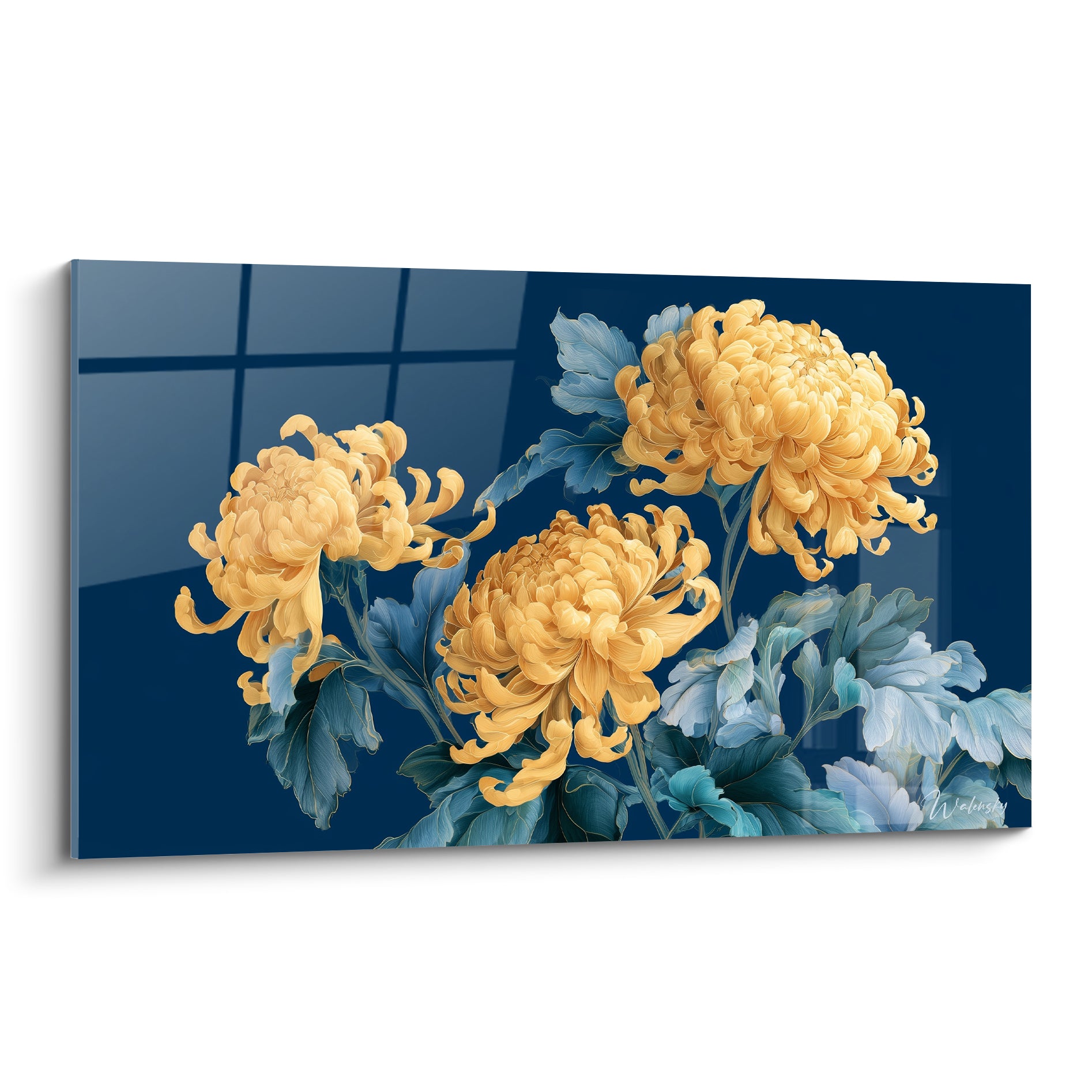 Chrysanthèmes dorés en pleine floraison sur fond bleu marine, pétales bouclés et feuillage vert sauge