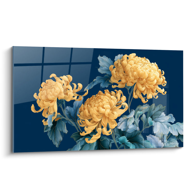 Tableau Chrysanthèmes jaunes et bleu marine trio compact - Reflet de fenêtre quadrillée - Edition Chrysanthème