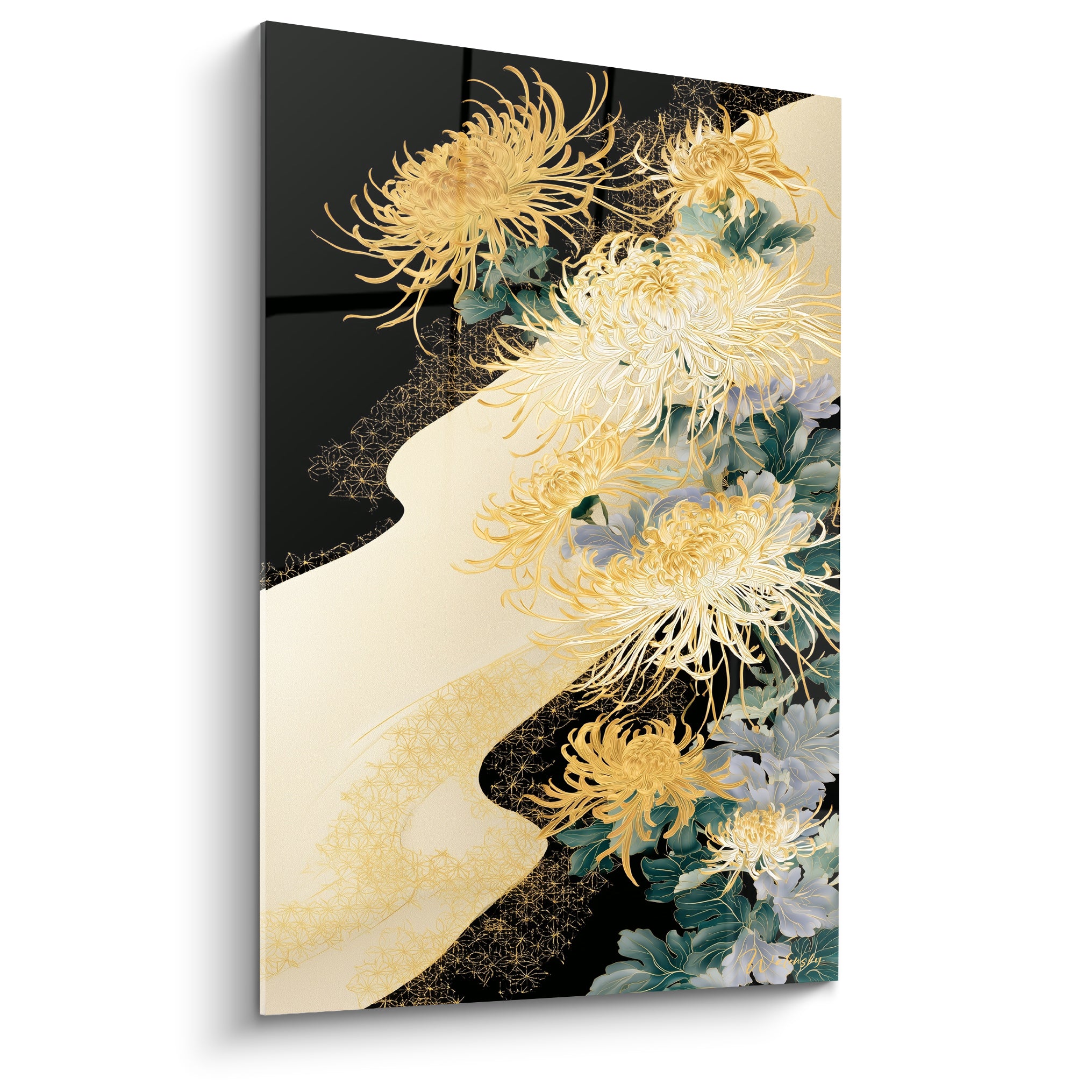 Chrysanthèmes dorés et ivoire se déployant sur fond noir profond, style japonisant raffiné