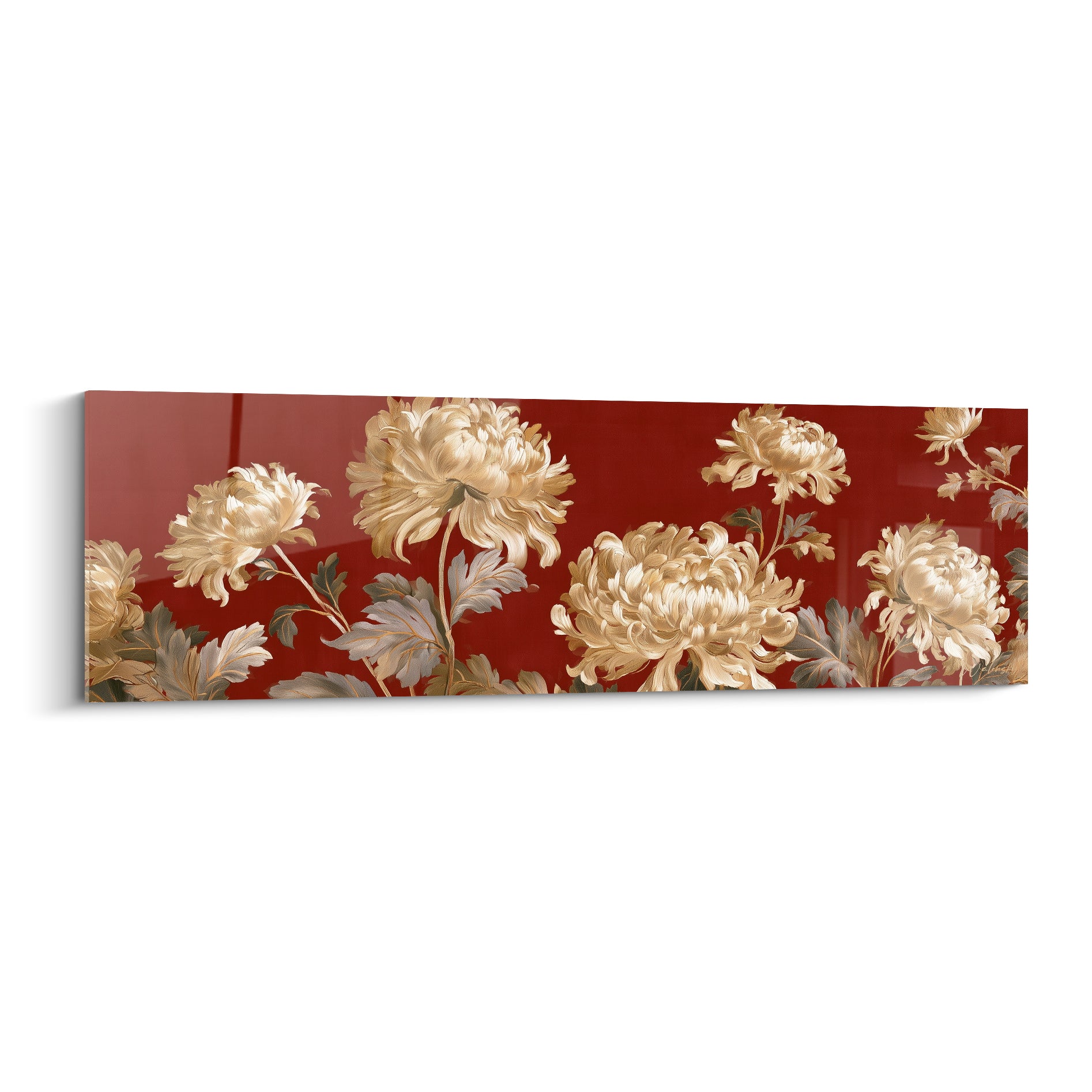 Chrysanthème doré aux pétales déployés sur fond rouge grenat intense et lumineux