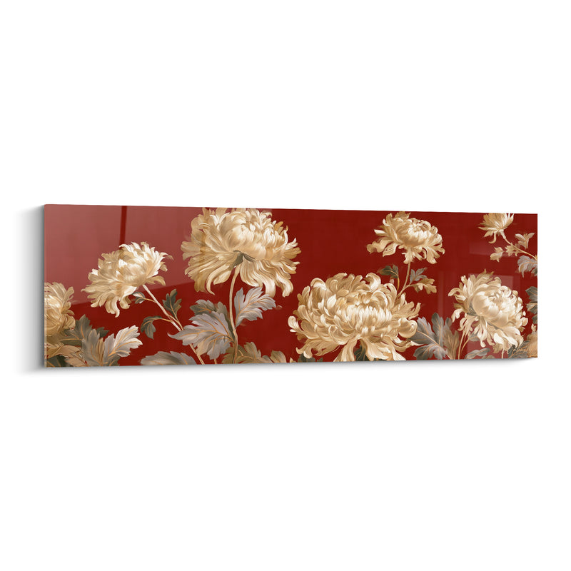 Tableau Chrysanthèmes dorés sur fond rouge grenat - Faste automnal - Edition Chrysanthème