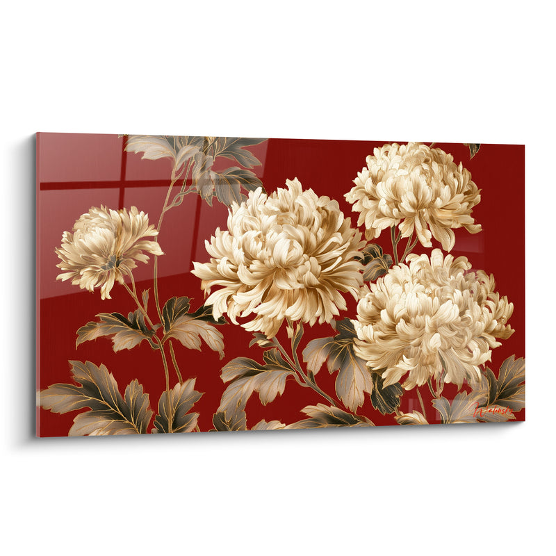 Tableau Fleurs dorées sur fond rouge grenat - Éclosion impériale - Edition Chrysanthème