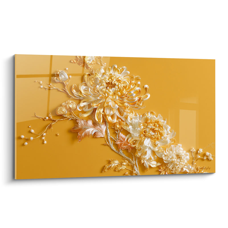 Tableau Chrysanthèmes ivoire et dorés perlés de rosée - Perles nacrées et brindilles - Edition Chrysanthème