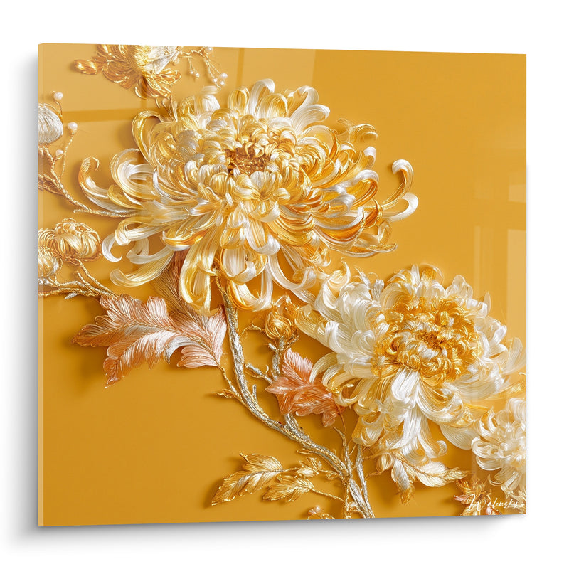Tableau Chrysanthème doré aux pétales ivoire - Broderie de lumière - Edition Chrysanthème