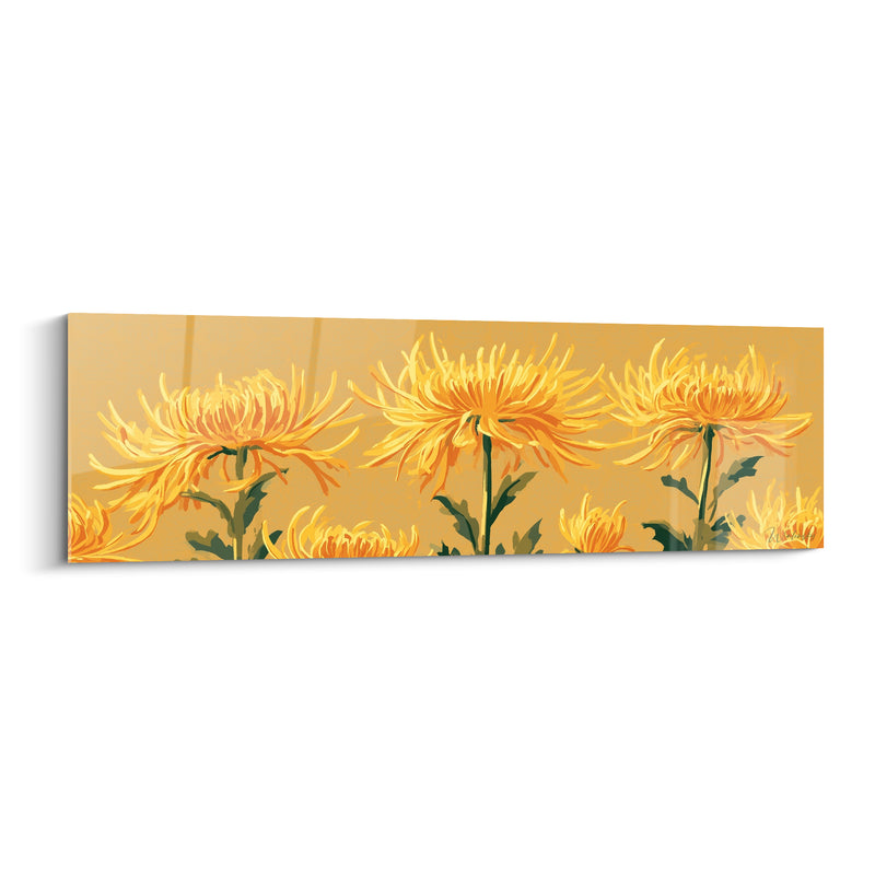 Tableau Chrysanthèmes jaunes et orangés en rangée - Fond ocre uni - Edition Chrysanthème