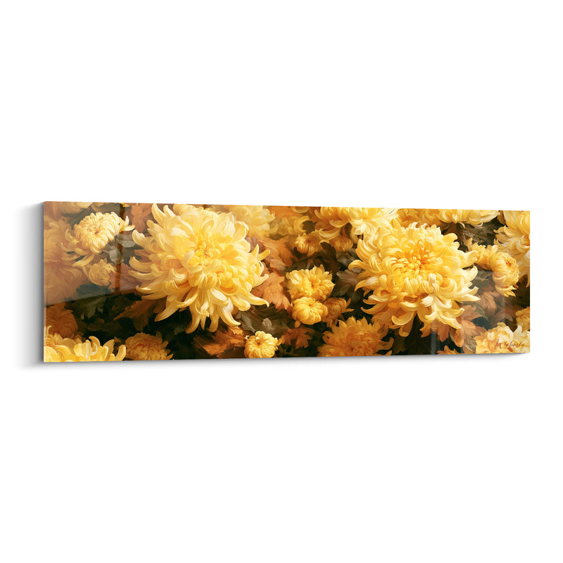 Tableau Chrysanthèmes jaune et vert olive massif touffu - Pétales frisés serrés - Edition Chrysanthème