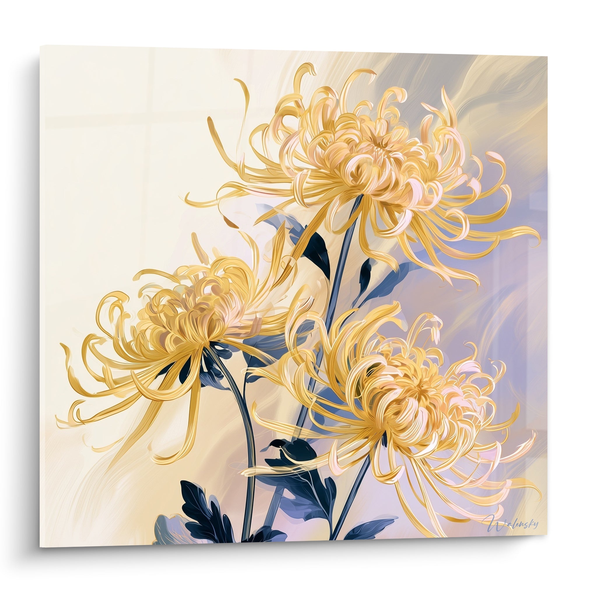 Chrysanthème doré aux pétales effilés, fond ivoire et lavande, style aquarelle raffiné