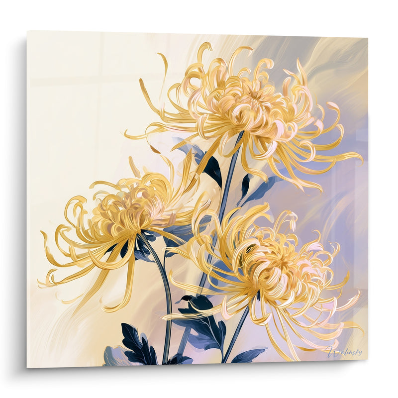 Tableau Chrysanthèmes dorés et bleu nuit en trio tourbillonnant - Pétales filandreux ébouriffés - Edition Chrysanthème