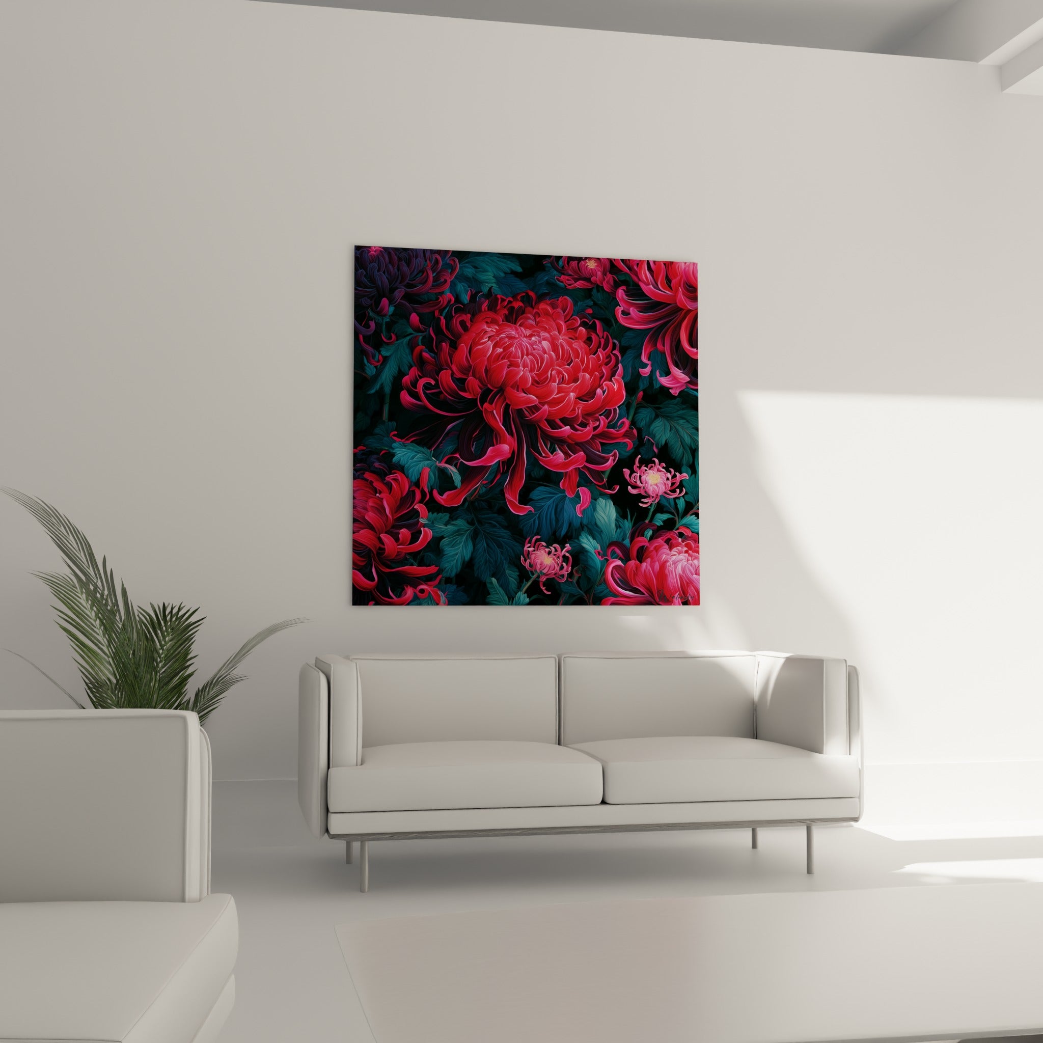 Pétales de chrysanthème écarlate ondulés au-dessus d'un canapé dans un salon lumineux