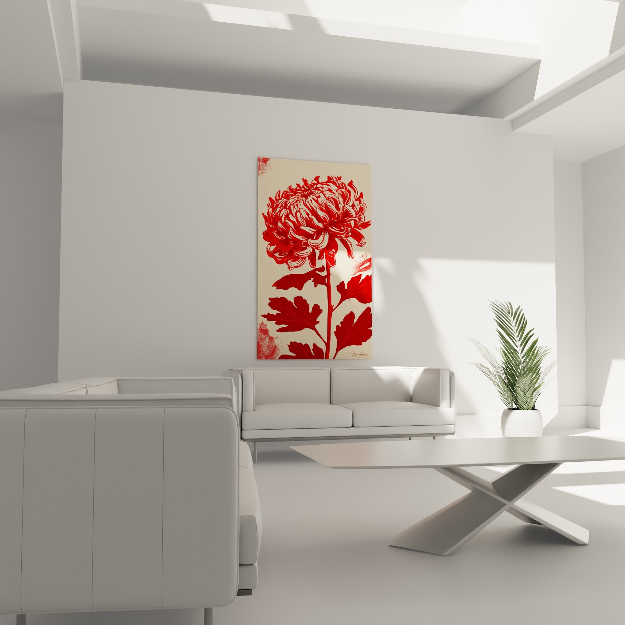Chrysanthème écarlate à la tige fine et feuilles dentelées, au-dessus d'un canapé dans un salon lumineux