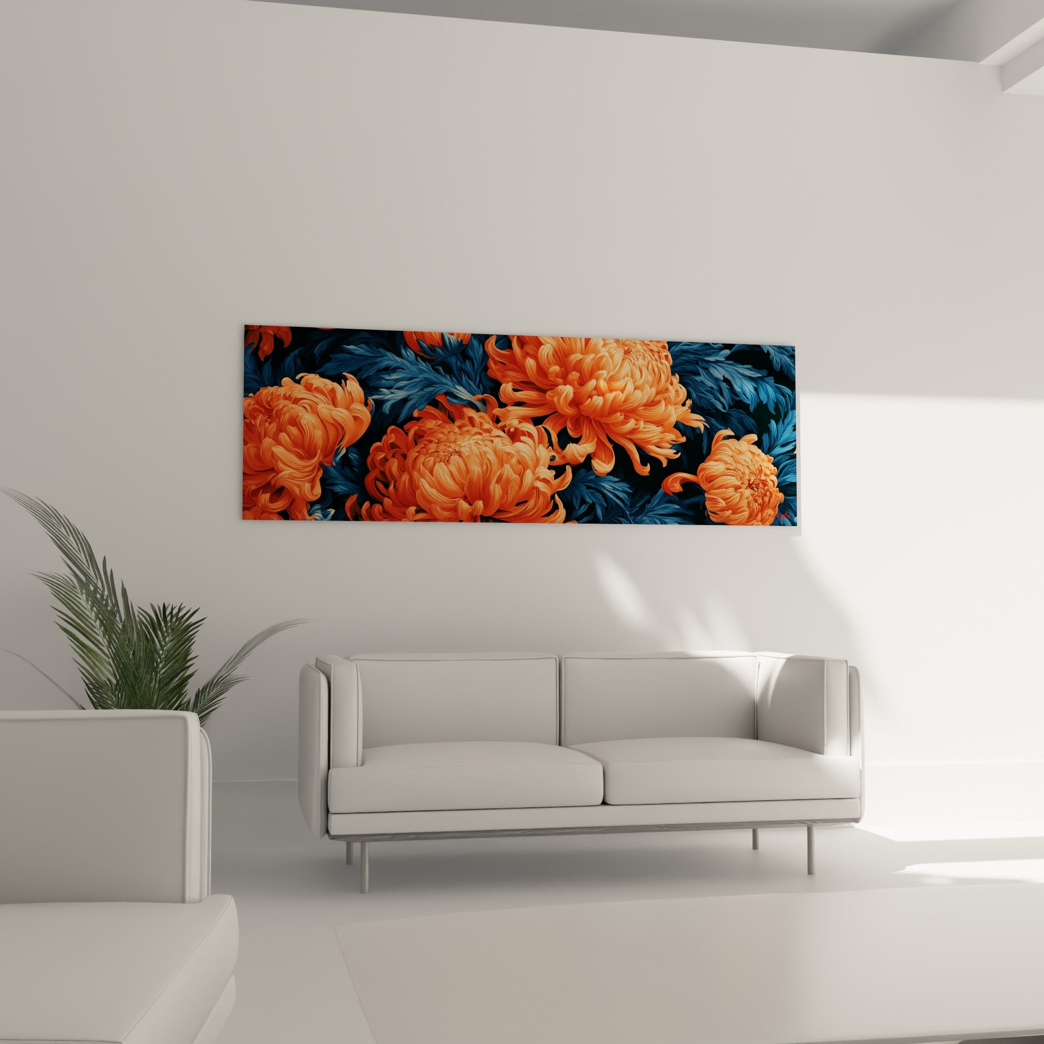 Fleurs corail et bleu ardoise du Chrysanthème, au-dessus d'un canapé dans un salon lumineux