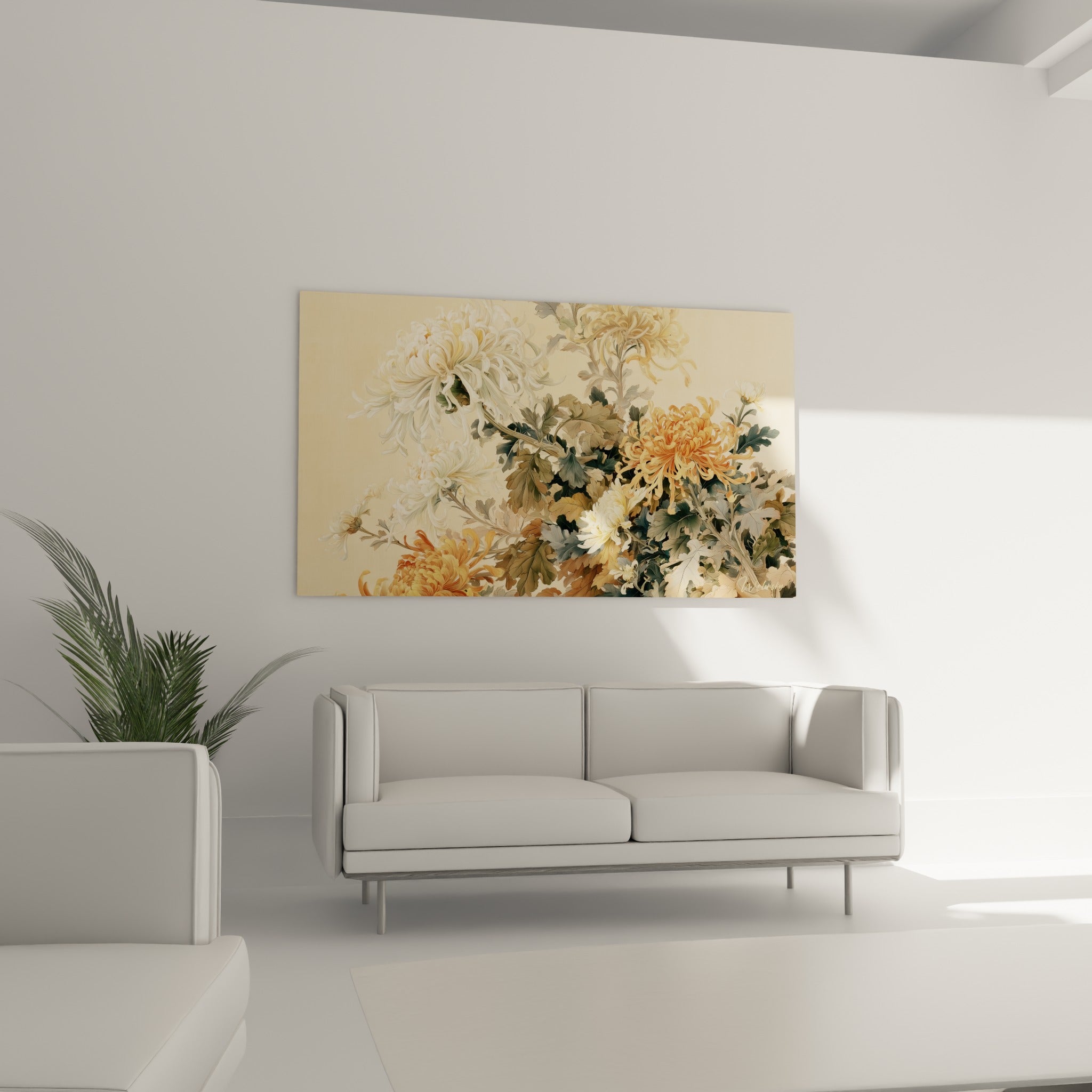 Bouquet de chrysanthèmes blancs et orangés au feuillage anthracite, au-dessus d'un canapé dans un salon lumineux