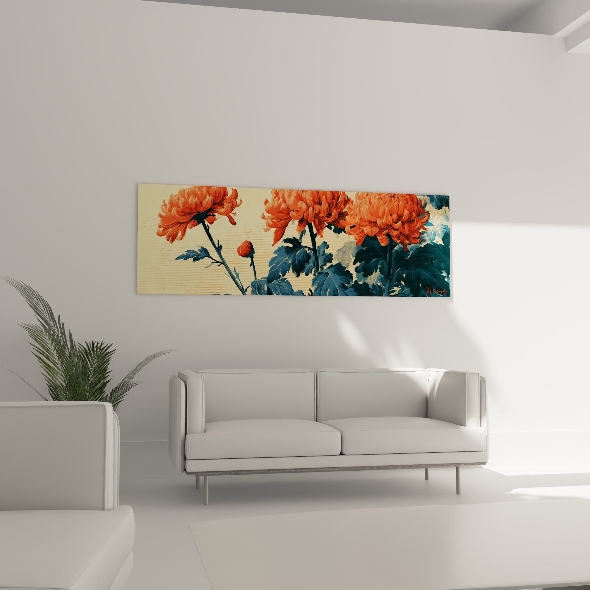 Bouquet de chrysanthème orangé et bleu pétrole accroché au-dessus d'un canapé dans un salon lumineux
