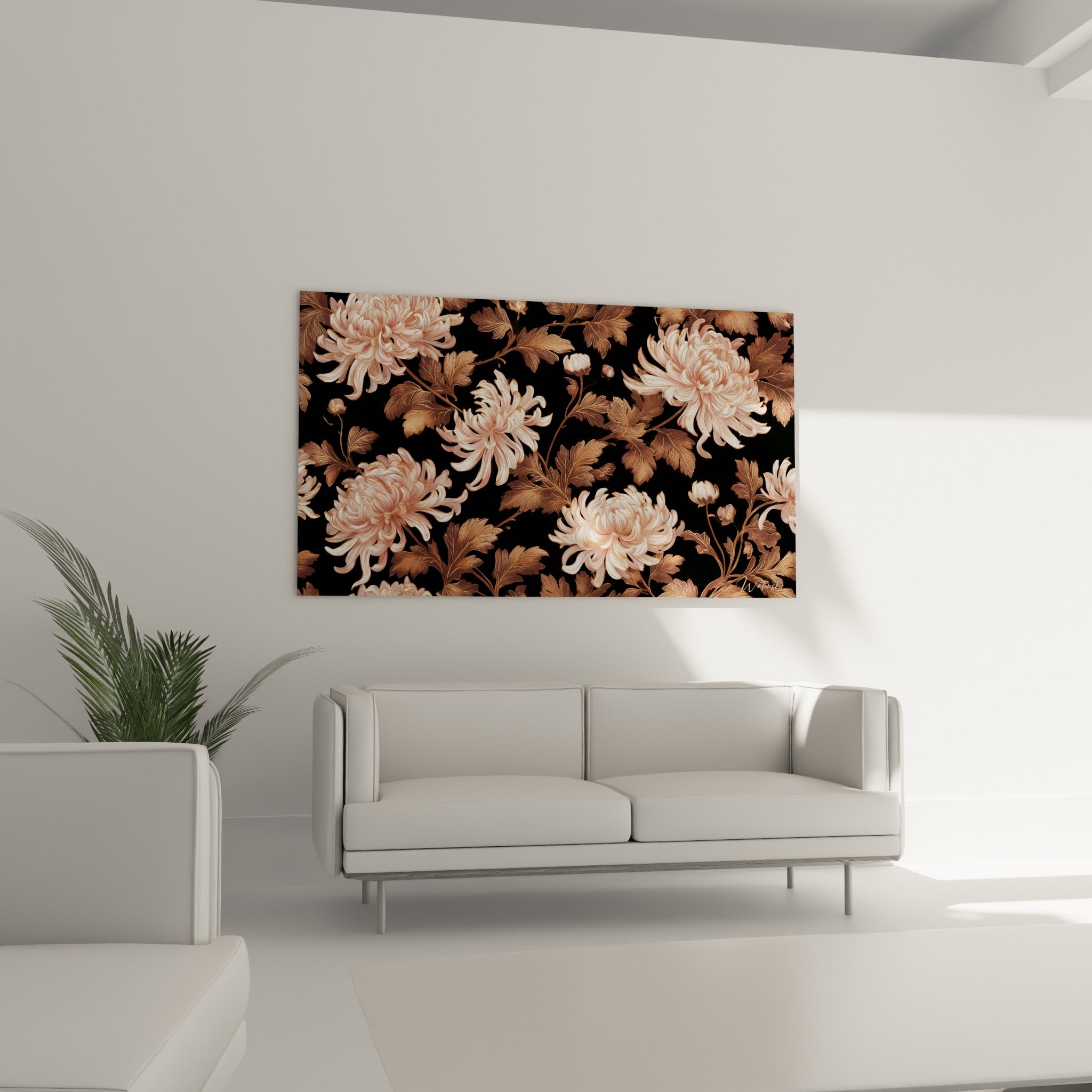 Pétales roses et feuillage cuivré du chrysanthème se déployant sur noir, au-dessus d'un canapé dans un salon lumineux