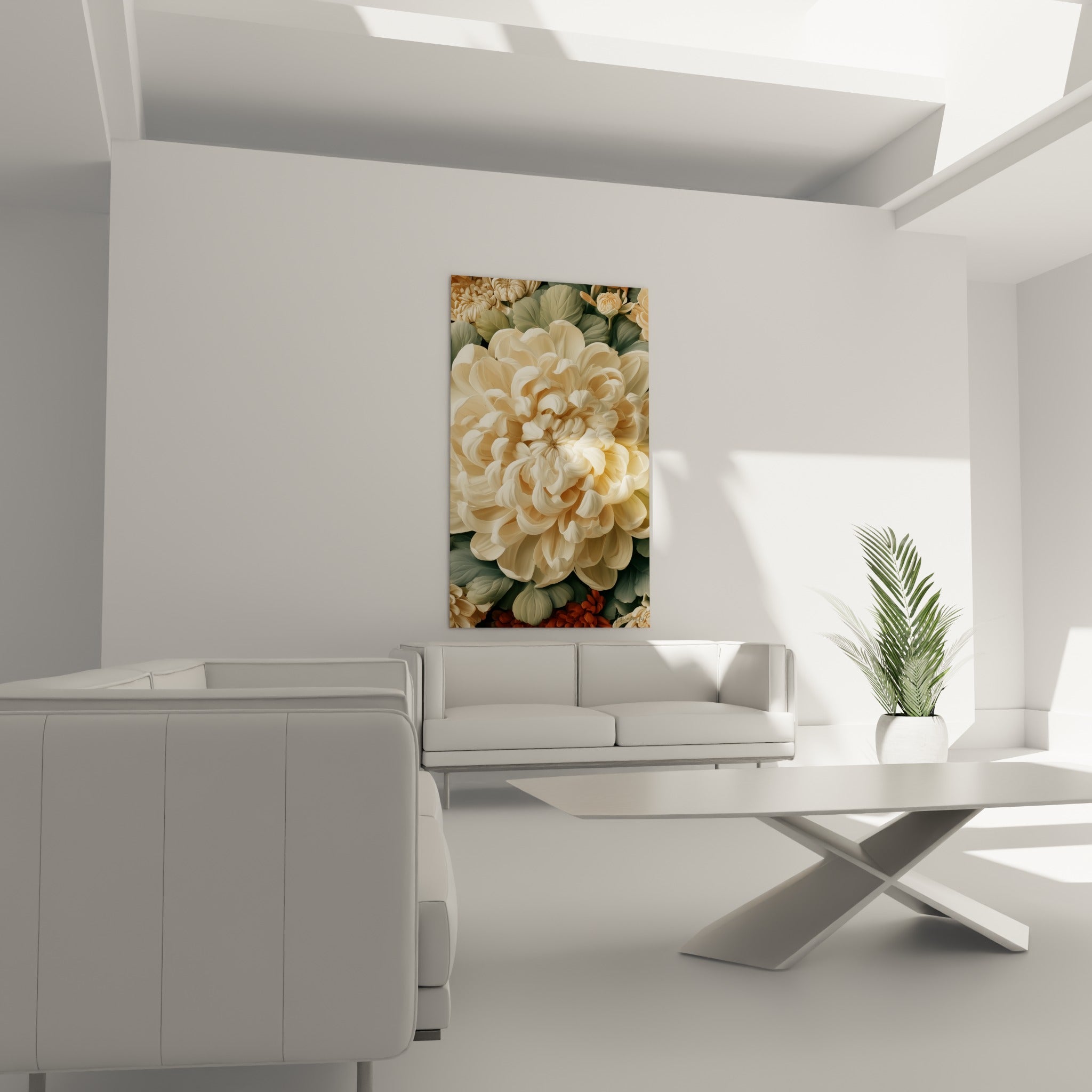 Corolle crème et feuillage vert sauge du chrysanthème suspendus au-dessus d'un canapé dans un salon lumineux