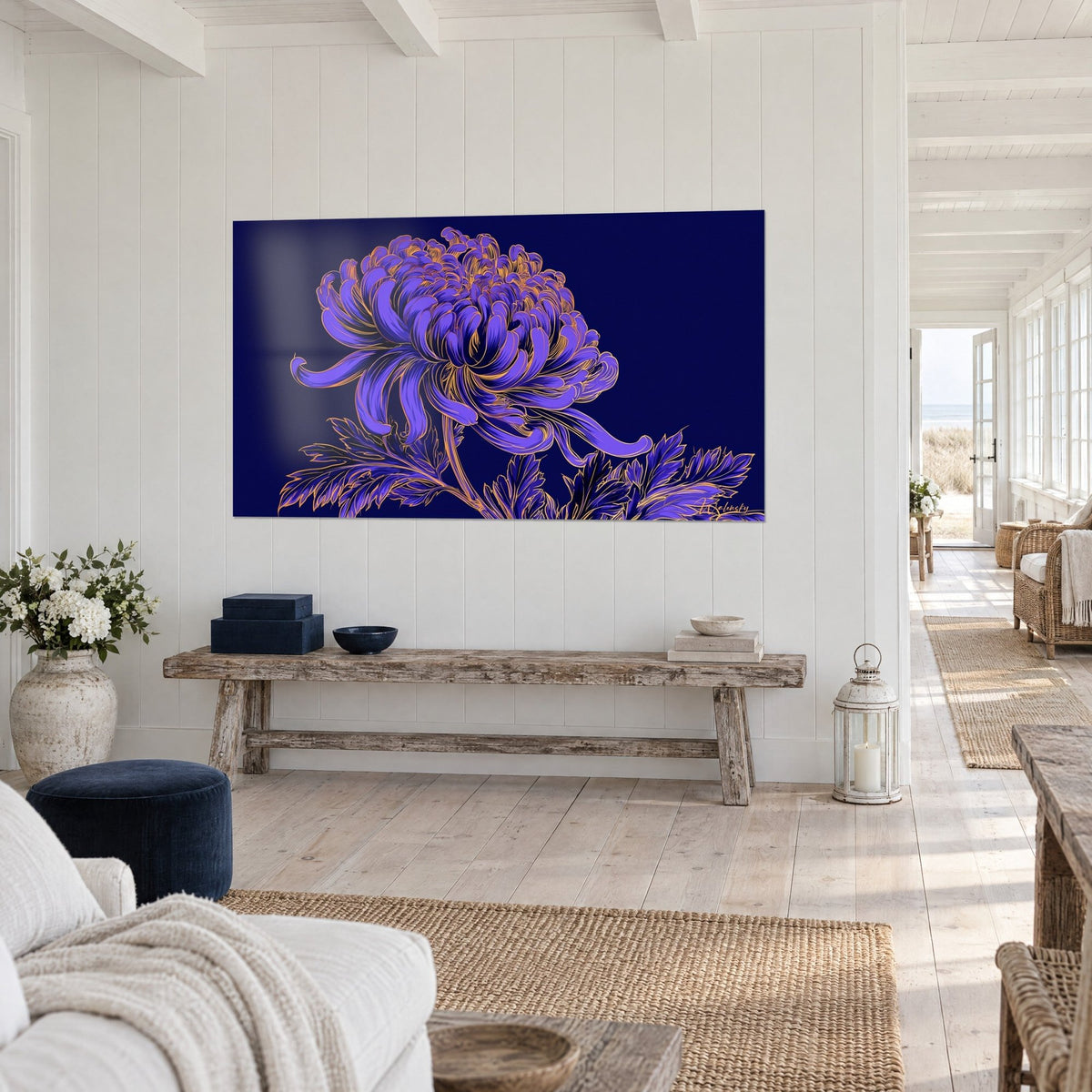 Wall art large lavender autumn flower with orange-gold lines on navy blue, hung above a rustic bench in a seaside house