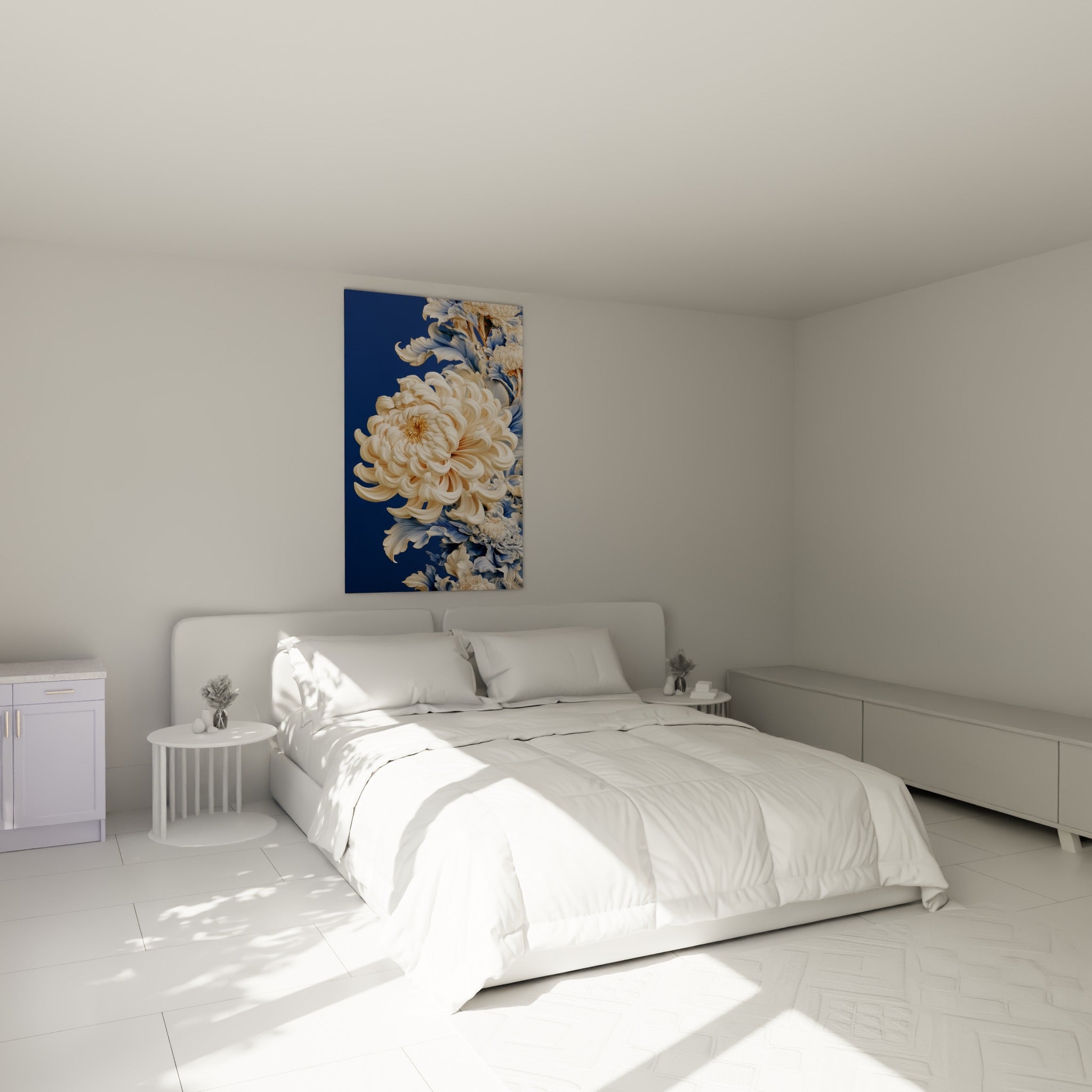 Fleur de chrysanthème ivoire et bleu pastel accrochée au-dessus d'un lit dans une chambre claire