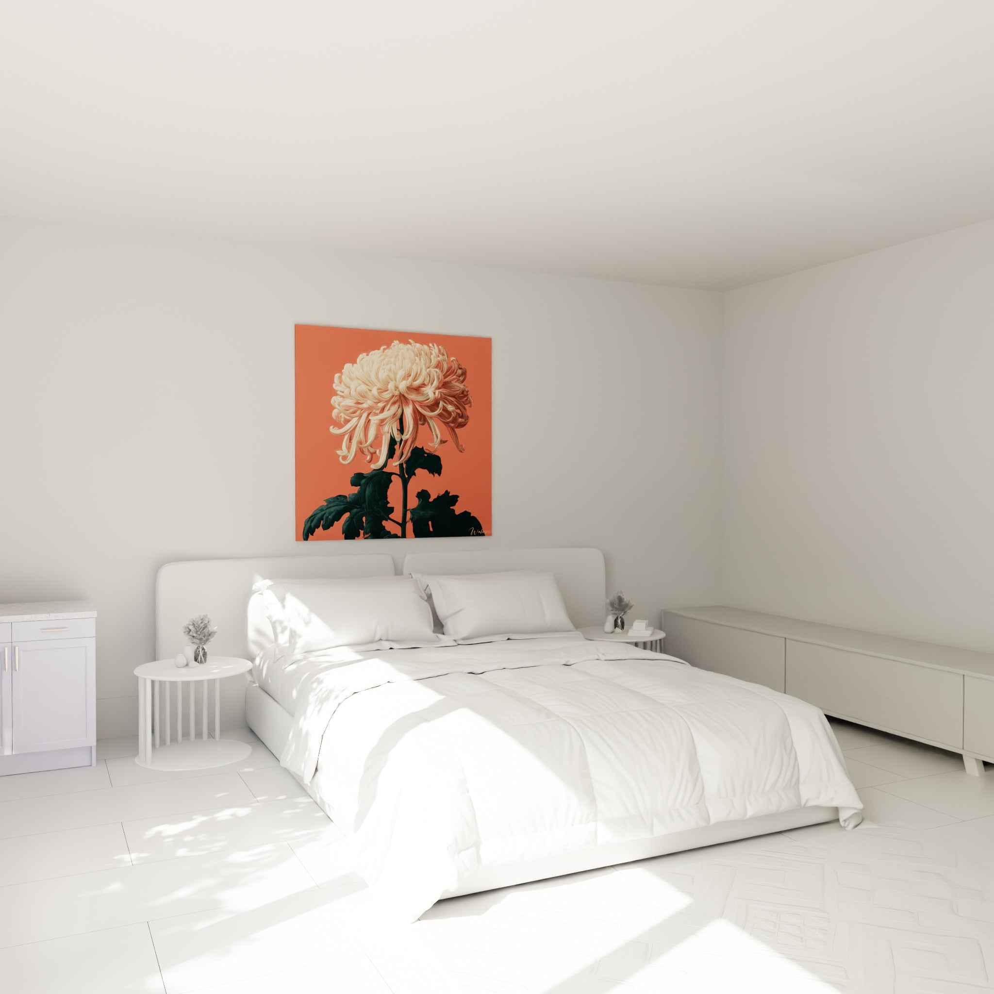 Fleur de chrysanthème corail et ivoire accrochée au-dessus d'un lit dans une chambre claire