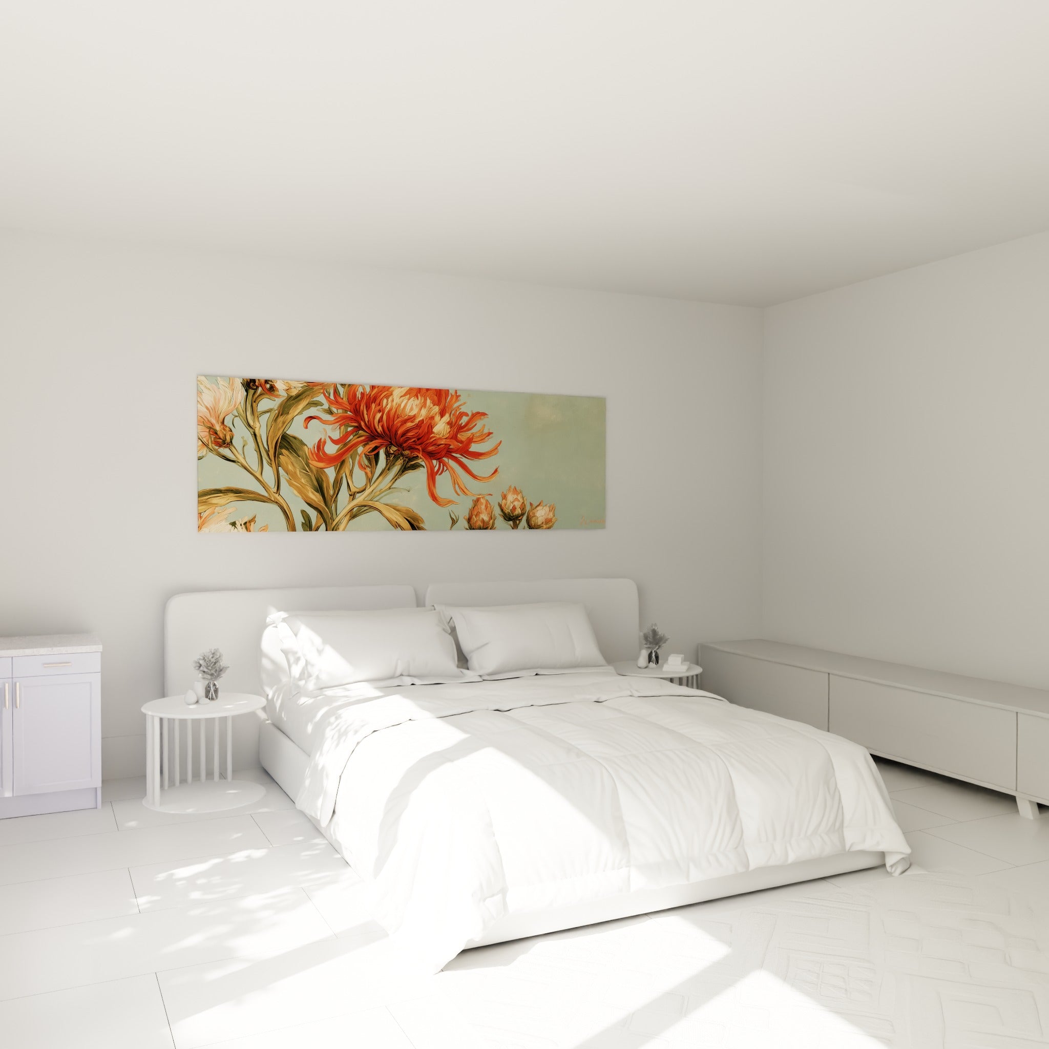 Pétales de Chrysanthème orangé et tiges dorées, accroché au-dessus d'un lit dans une chambre claire