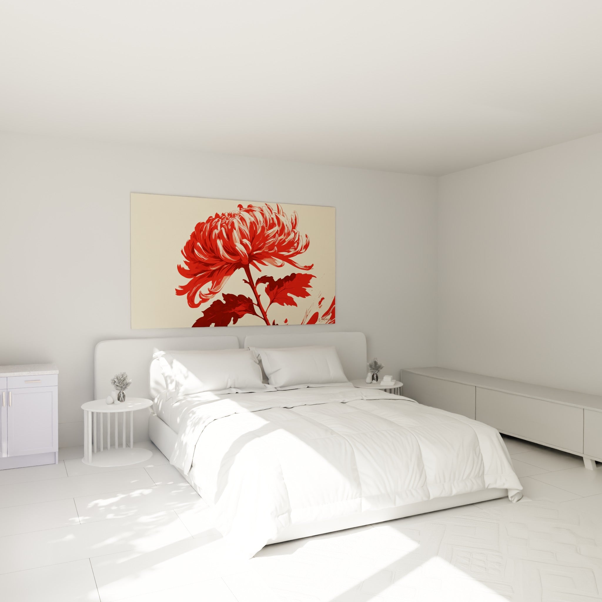 Fleur rouge et bordeaux d'un chrysanthème stylisé au-dessus d'un lit dans une chambre claire