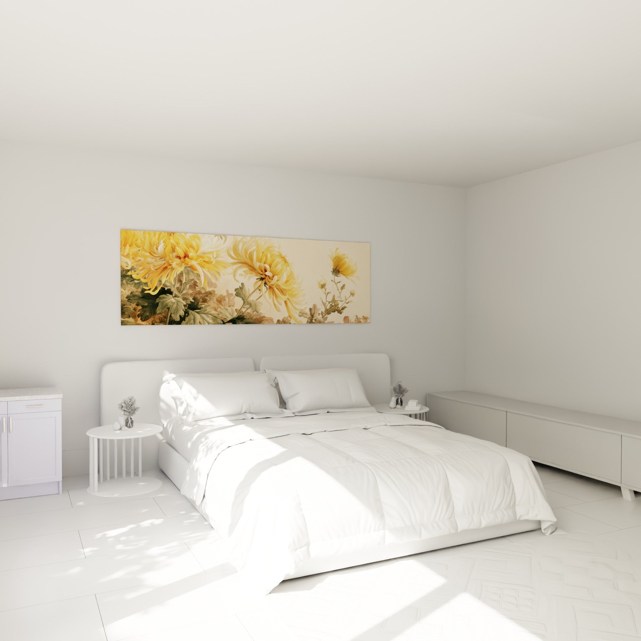 Fleurs de chrysanthème jaunes et vertes déployées, accrochées au-dessus d'un lit dans une chambre claire