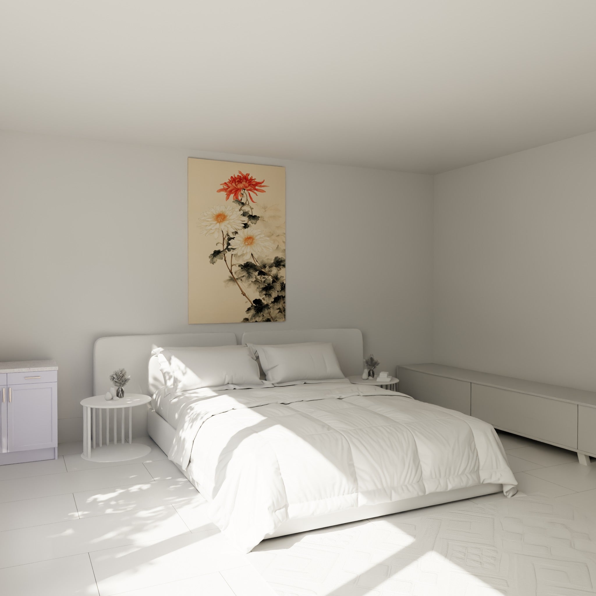 Fleurs de chrysanthème blanches et corail suspendues au-dessus d'un lit dans une chambre claire