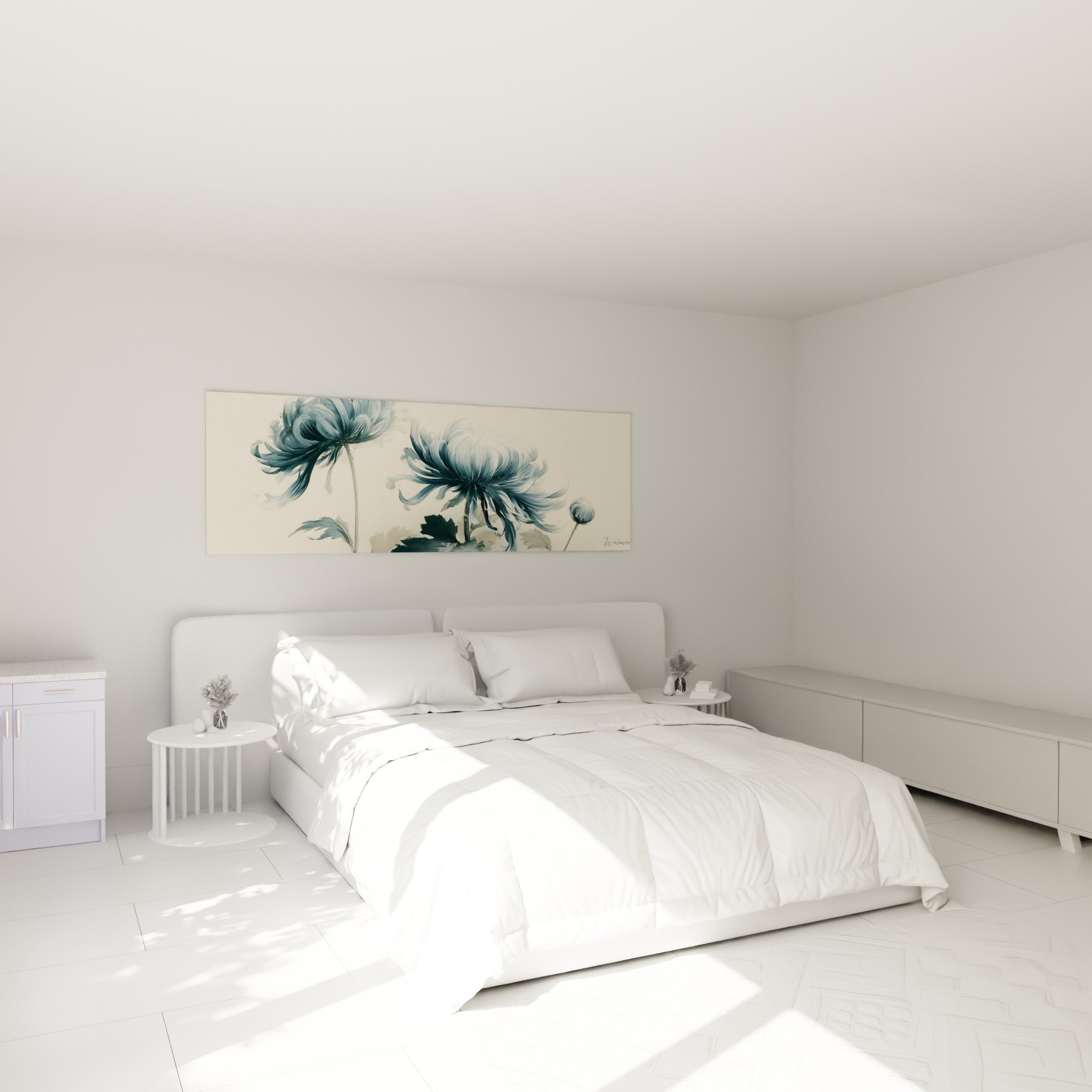Fleurs de chrysanthème bleu poudré et crème au-dessus d'un lit dans une chambre claire