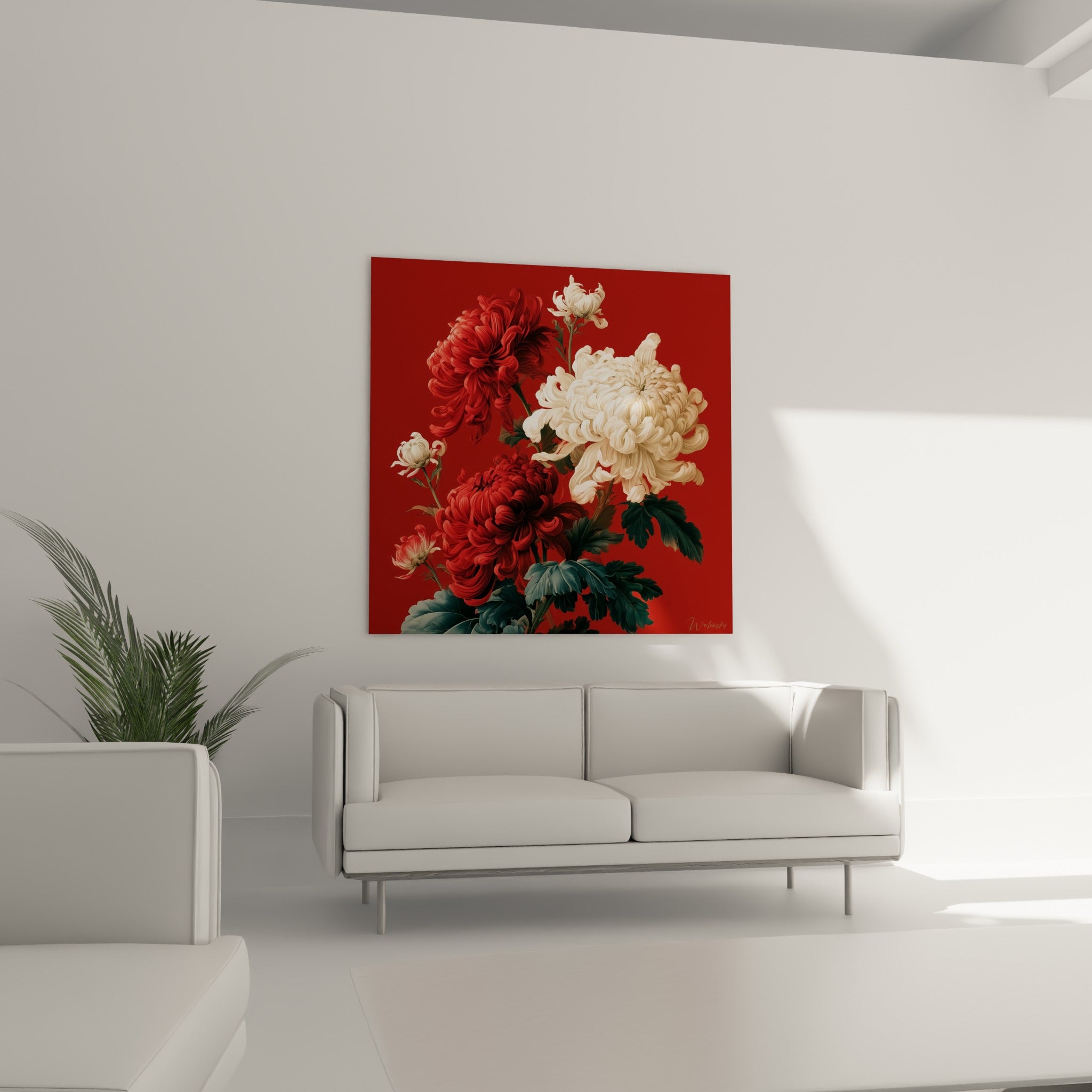 Fleurs de chrysanthème ivoire et carmin déployées au-dessus d'un canapé dans un salon lumineux