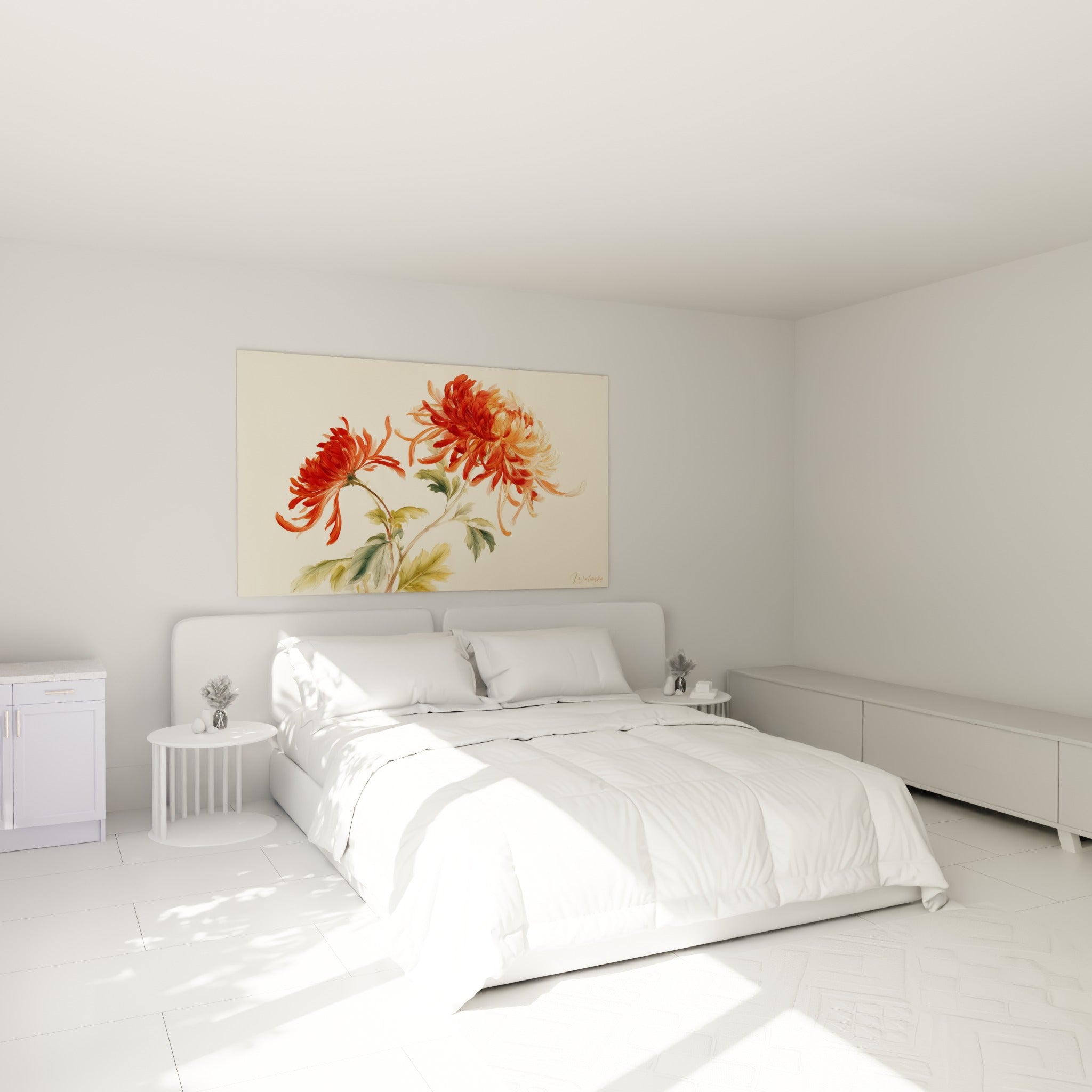 Fleurs de chrysanthème rouge corail et vert sauge accrochées au-dessus d'un lit dans une chambre claire