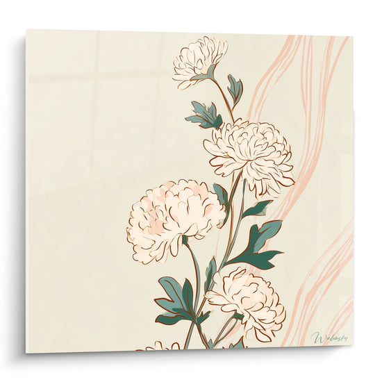Chrysanthèmes crème et rose poudré aux feuilles vert sauge sur fond ivoire clair